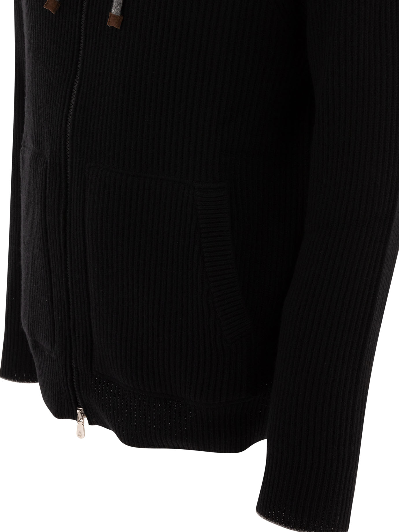 BRUNELLO CUCINELLI Black   Ribbed sweater with zip and hood